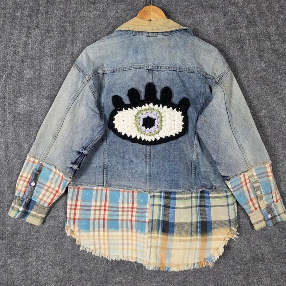 Free People Jackets & Blazers - Free People L Sirius Upcycled Denim Plaid Jacket Crochet Evil Eye Jean Flannel